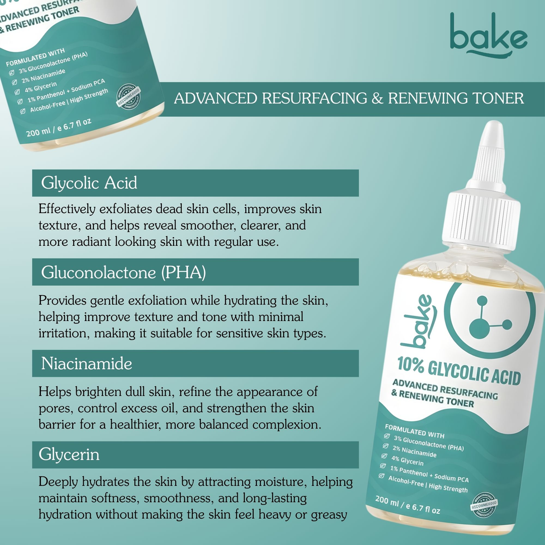 BAKE 10% Glycolic Acid Resurfacing Toner 200ml ingredient benefits glycolic acid PHA niacinamide glycerin