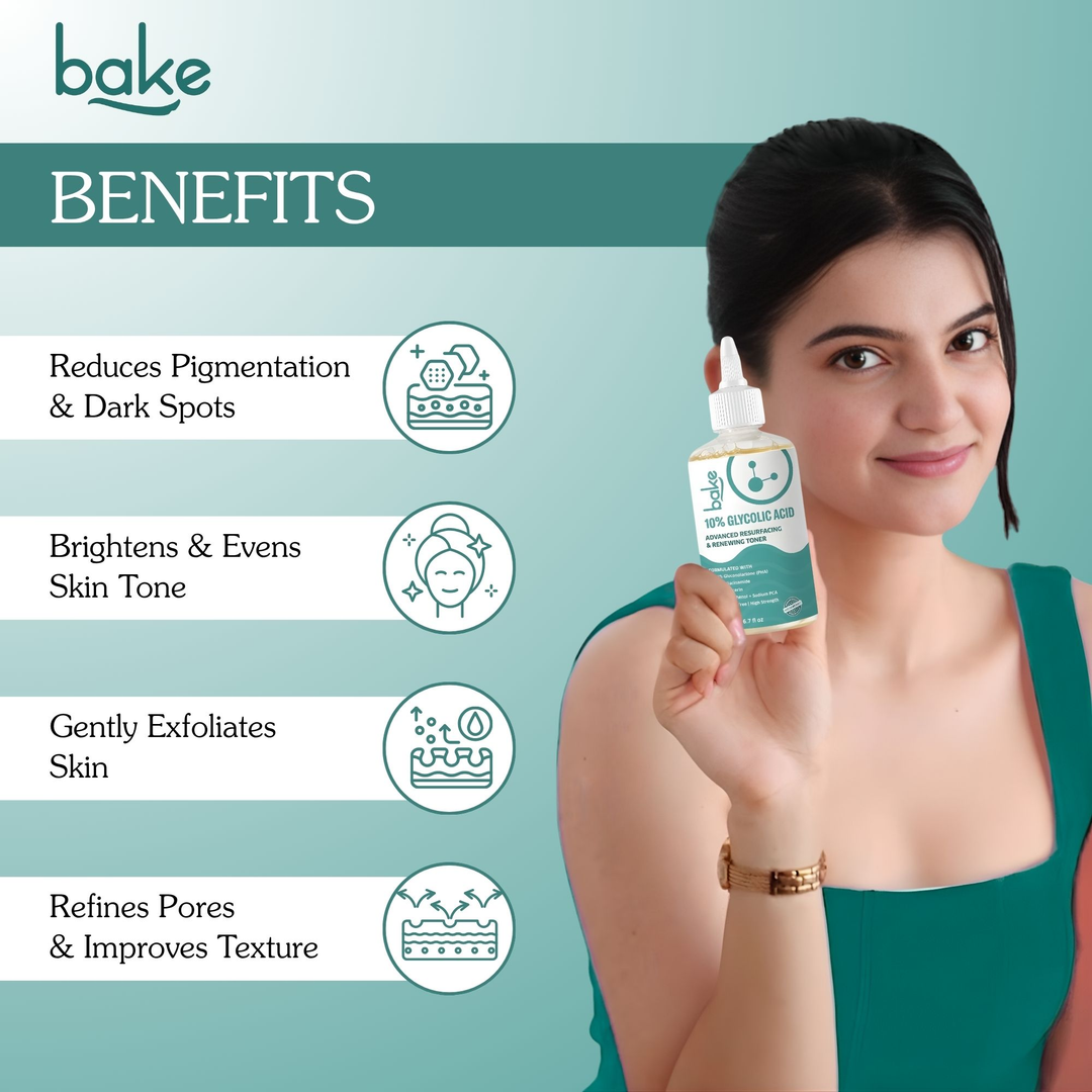 BAKE 10% Glycolic Acid Resurfacing Toner 200ml benefits: reduces dark spots, evens tone, refines pores
