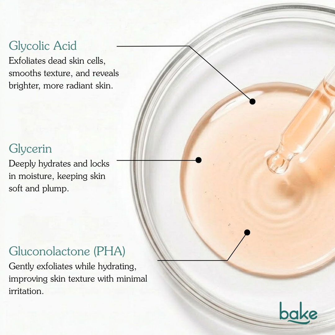 BAKE 10% Glycolic Acid Resurfacing Toner clear liquid texture with dropper, glycolic acid glycerin PHA