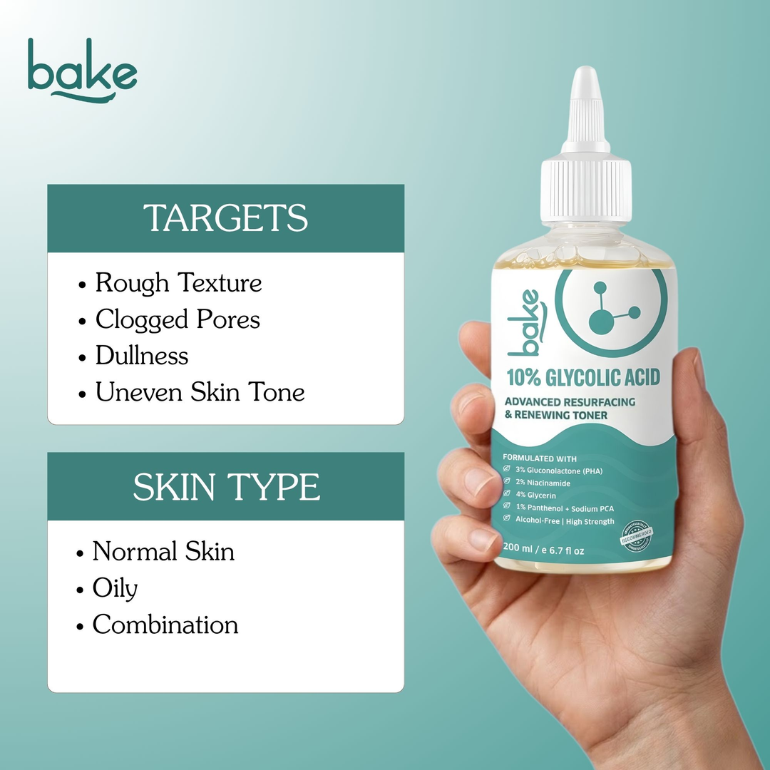 BAKE 10% Glycolic Acid Resurfacing Toner 200ml targets and skin types normal oily combination