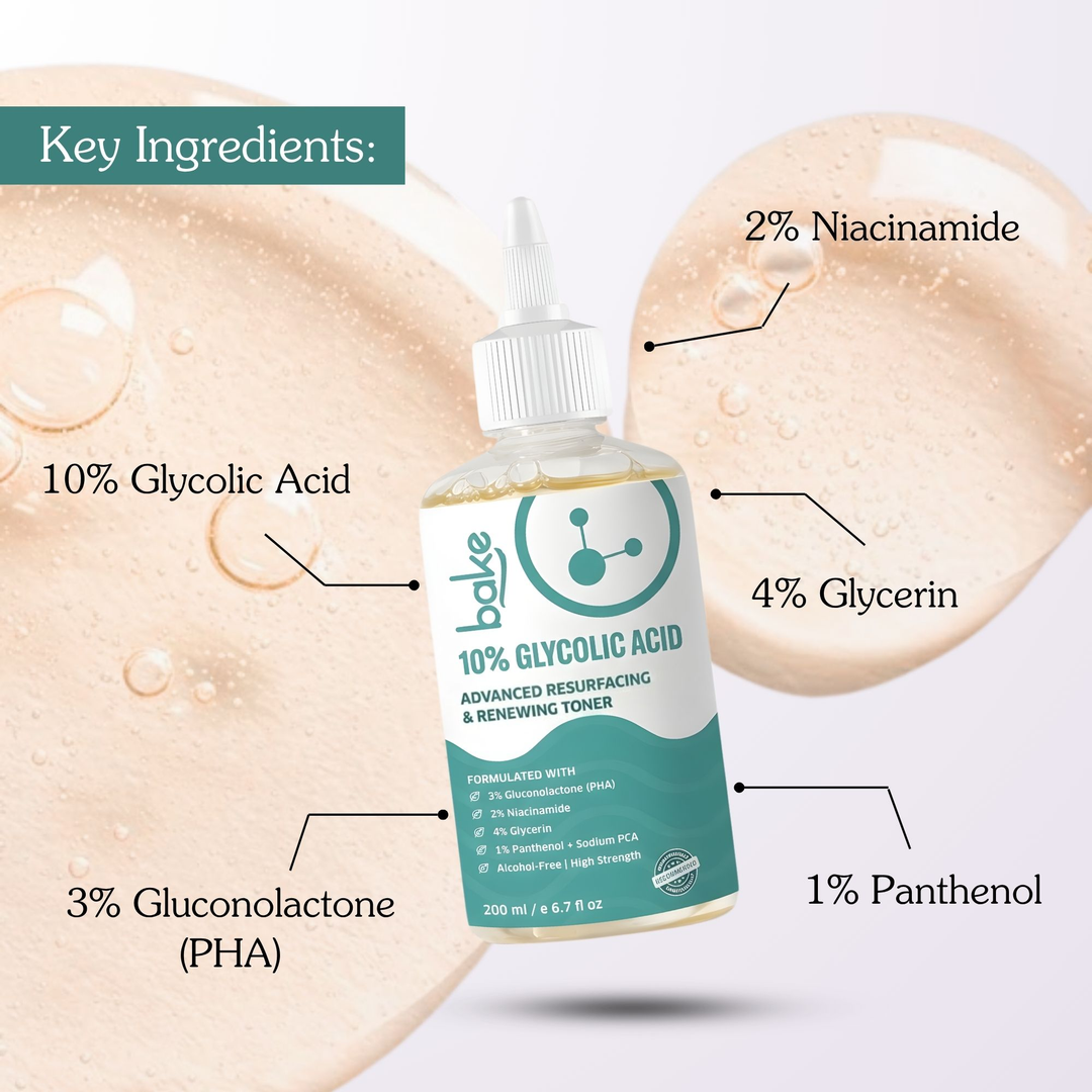 BAKE 10% Glycolic Acid Resurfacing Toner 200ml key ingredients percentages niacinamide panthenol glycerin