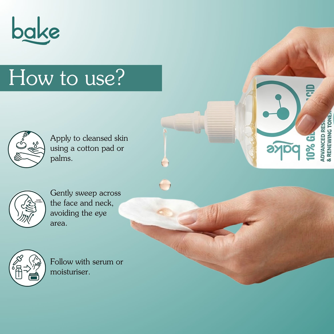 BAKE 10% Glycolic Acid Resurfacing Toner how to use on cotton pad, sweep face and neck