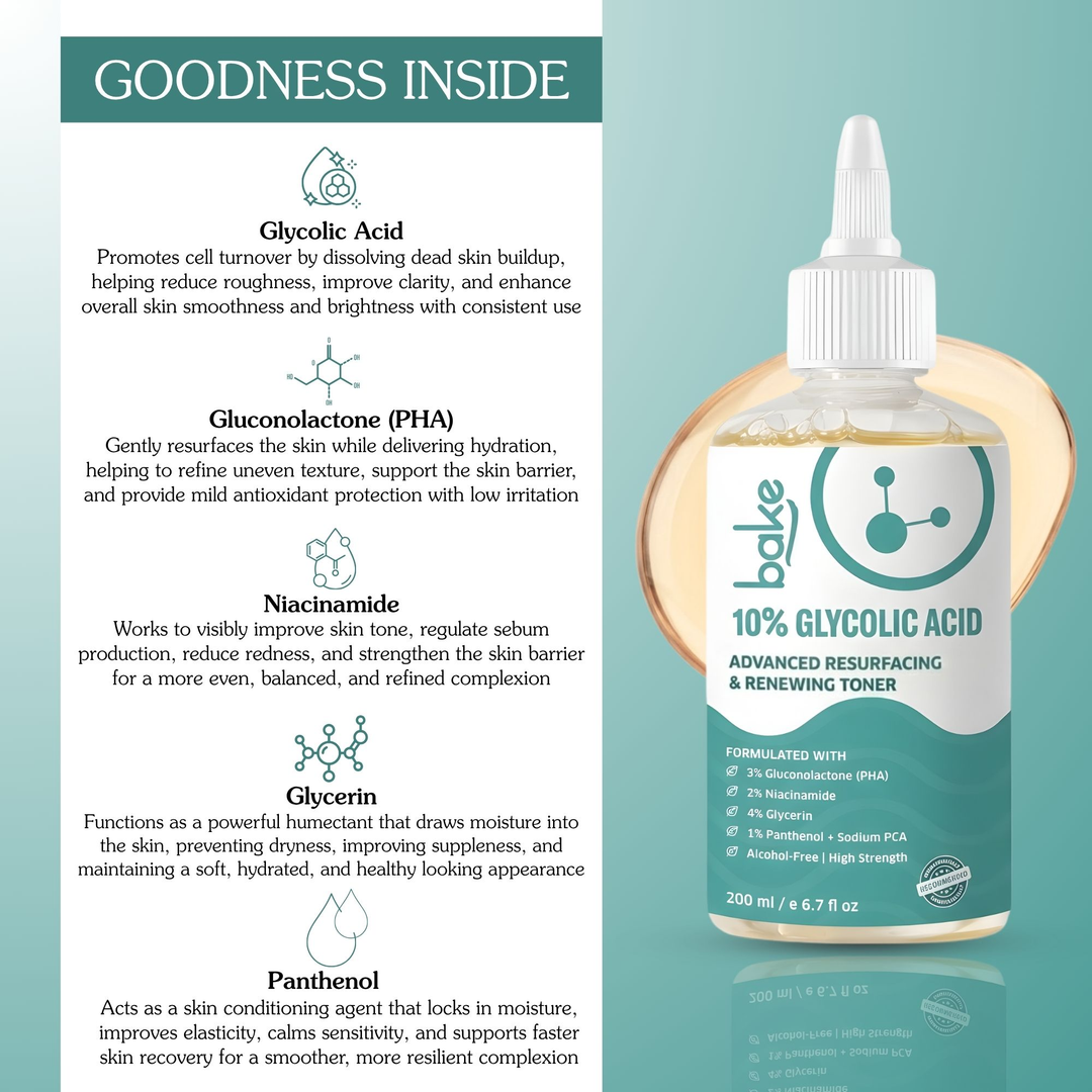 BAKE 10% Glycolic Acid Resurfacing Toner 200ml ingredient functions glycolic acid PHA niacinamide panthenol