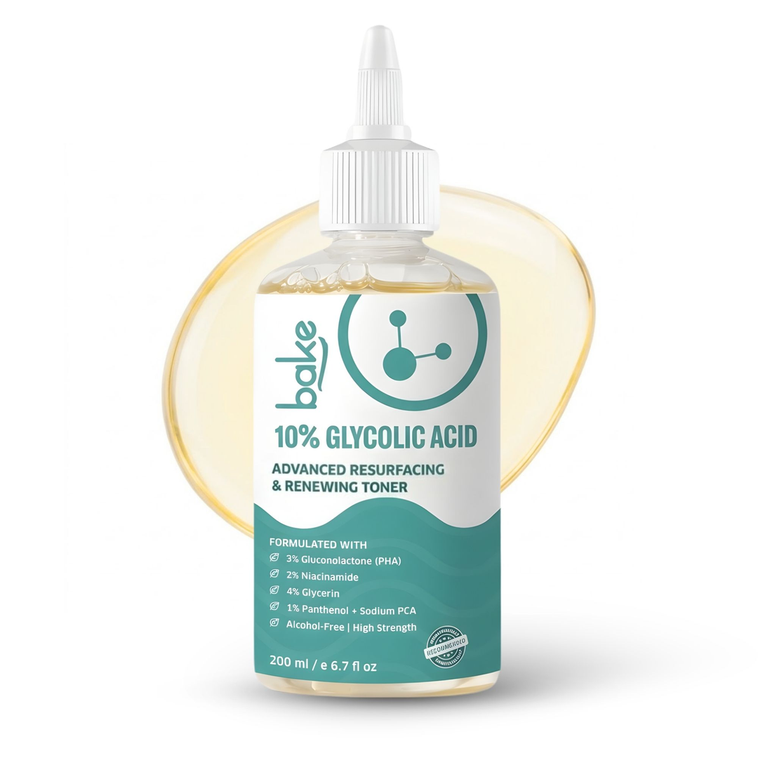 BAKE 10% Glycolic Acid Advanced Resurfacing & Renewing Face Toner for Smooth, Bright Even Skin & Clogged Pores - 200ml