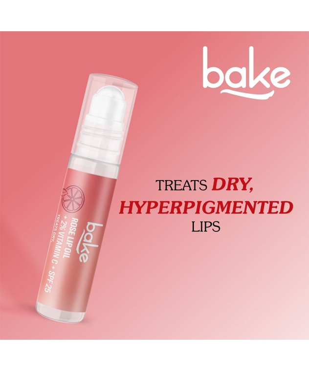 BAKE Rose Lip Oil 2% Vitamin C SPF 25 15g roller lip oil for dry, hyperpigmented lips