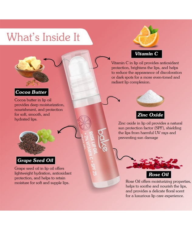 BAKE Rose Lip Oil 2% Vitamin C SPF 25 ingredients: cocoa butter, zinc oxide, grape seed oil, rose oil