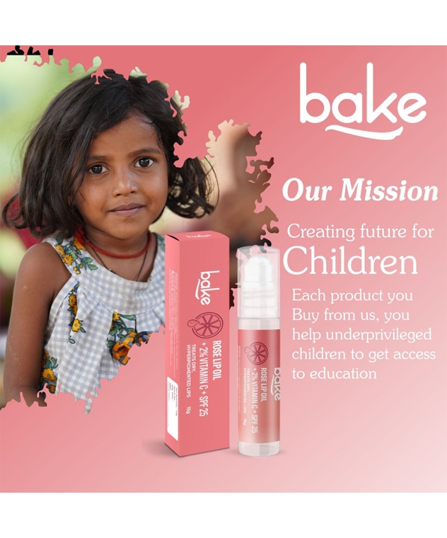 BAKE Rose Lip Oil 2% Vitamin C SPF 25 box and roller bottle, brand mission banner