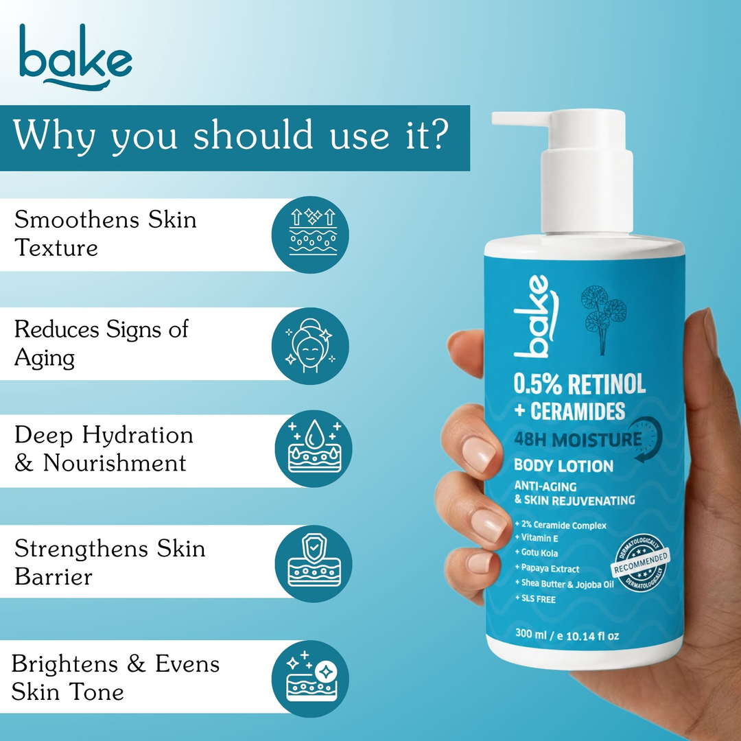 BAKE 0.5% Retinol + Ceramides Body Lotion 300ml key benefits: smooths texture, reduces signs of aging, hydration