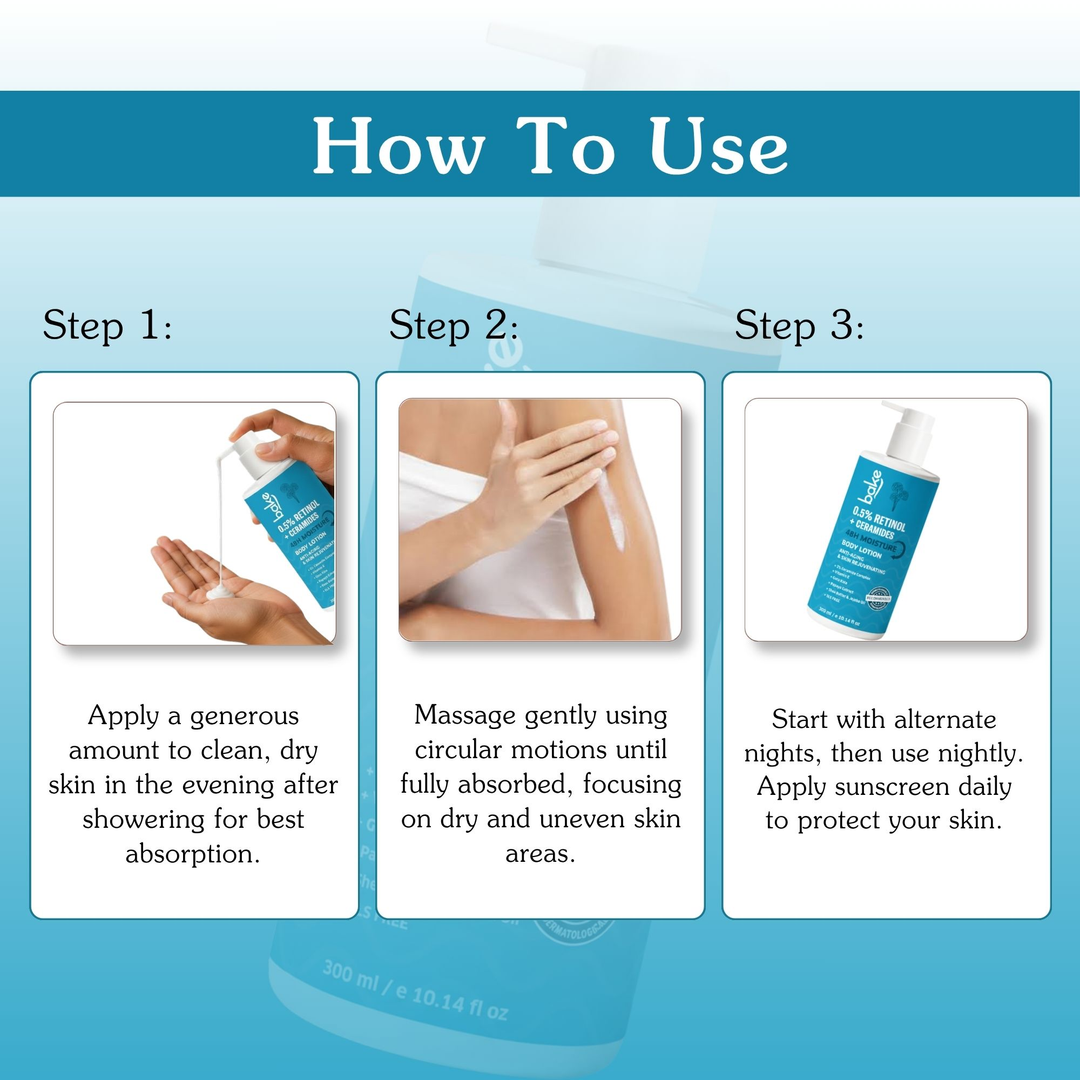 BAKE 0.5% Retinol + Ceramides Body Lotion how to use, 3-step evening routine
