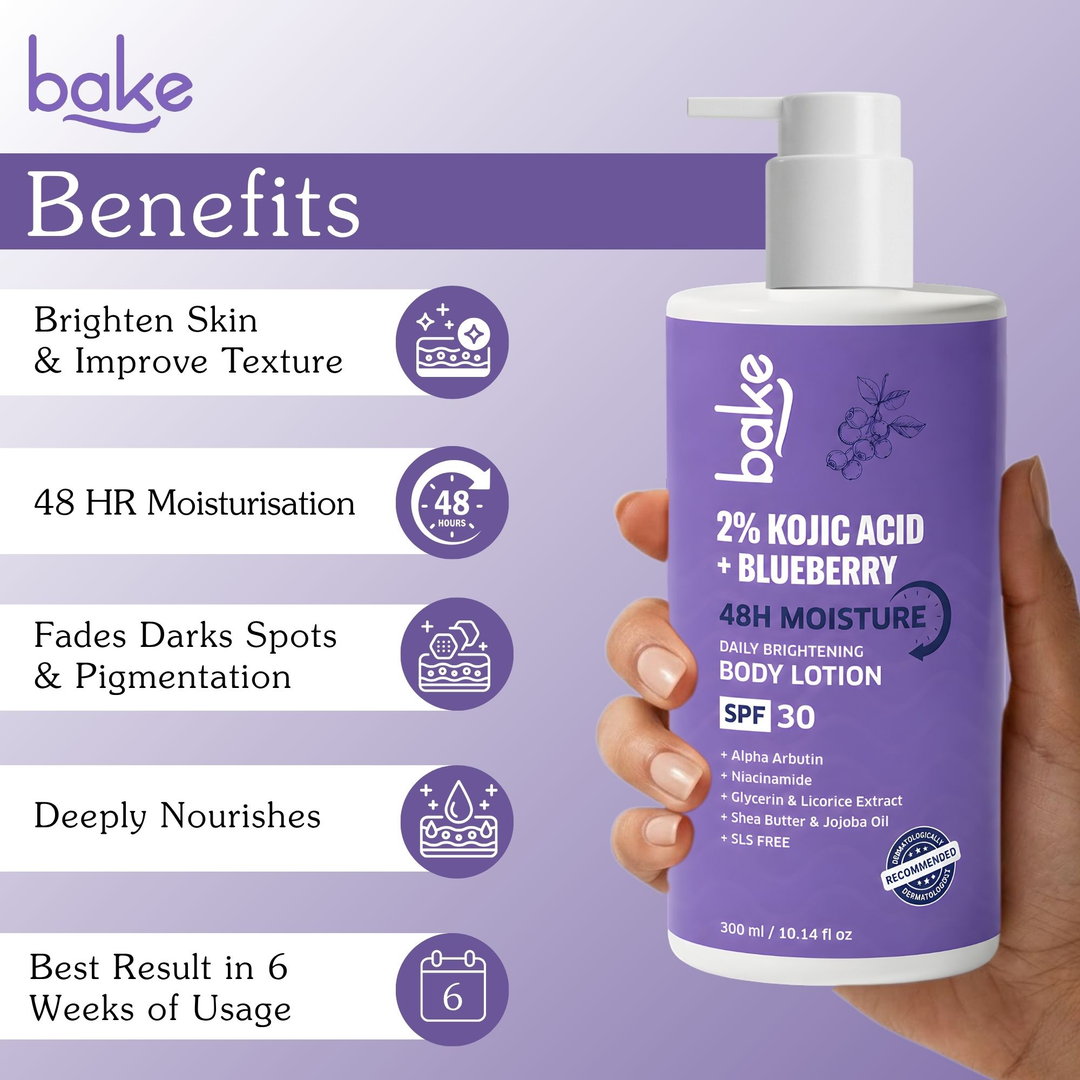 BAKE 2% Kojic Acid + Blueberry Body Lotion SPF 30 300ml benefits, 48H moisture