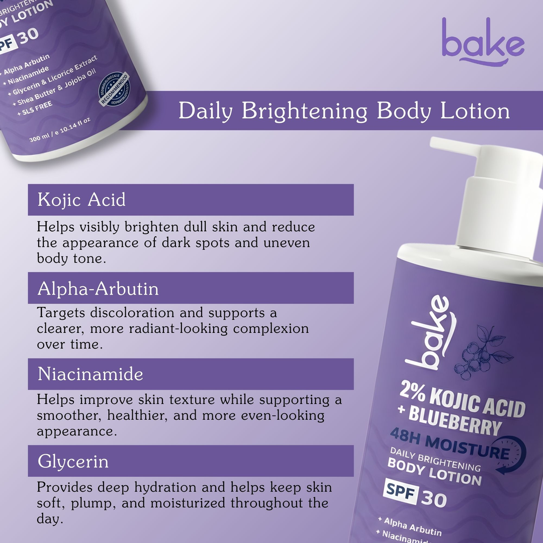 BAKE 2% Kojic Acid Blueberry Body Lotion SPF 30 key ingredients kojic acid, alpha arbutin, niacinamide