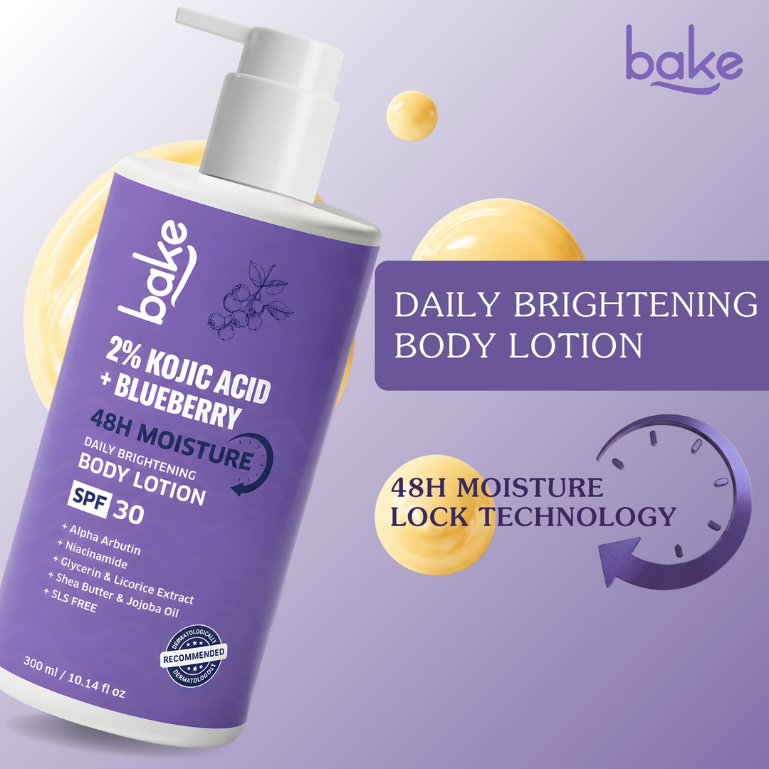 BAKE 2% Kojic Acid + Blueberry Body Lotion SPF 30 300ml front, 48H moisture lock