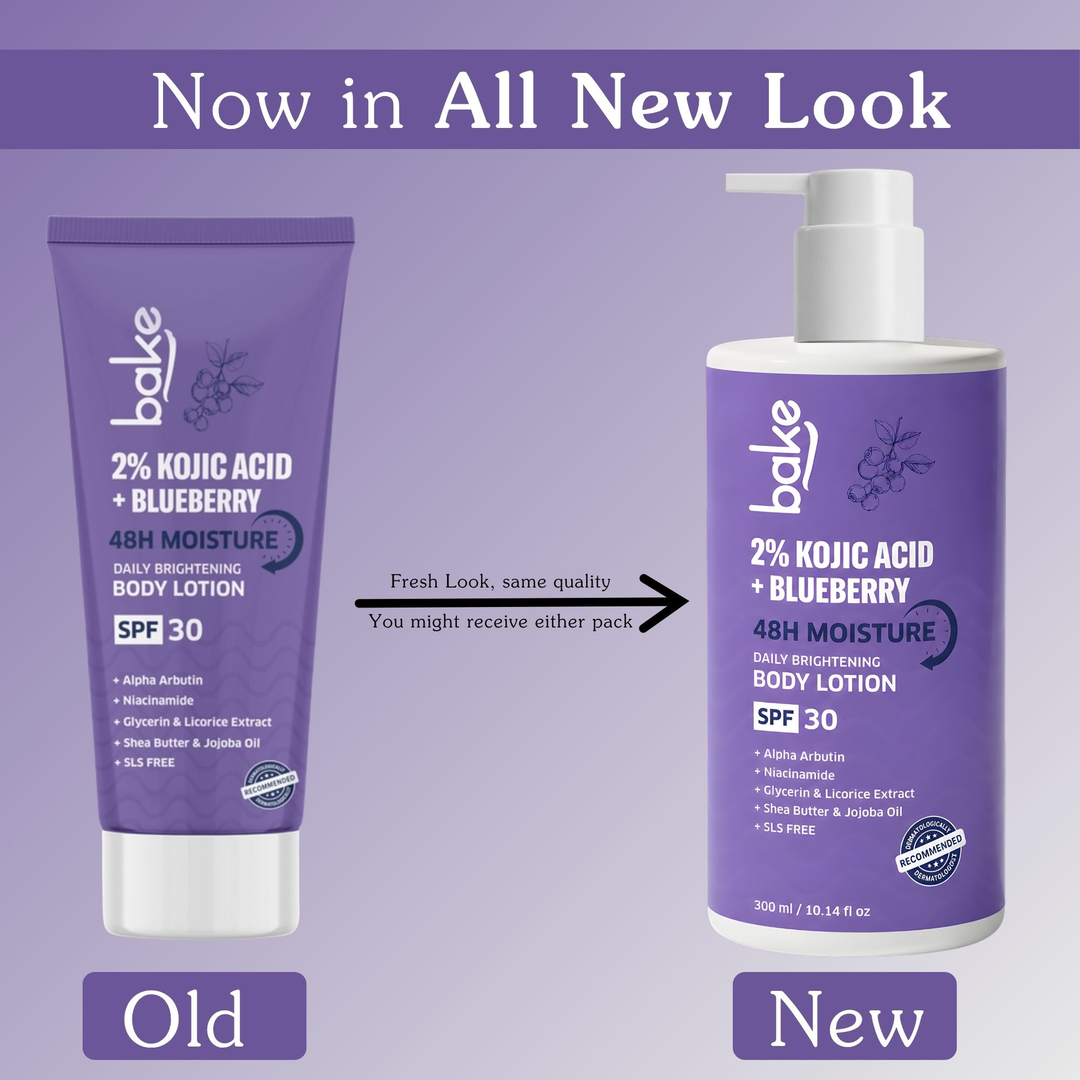 BAKE 2% Kojic Acid Blueberry Body Lotion SPF 30 old tube and new 300ml pump bottle packaging