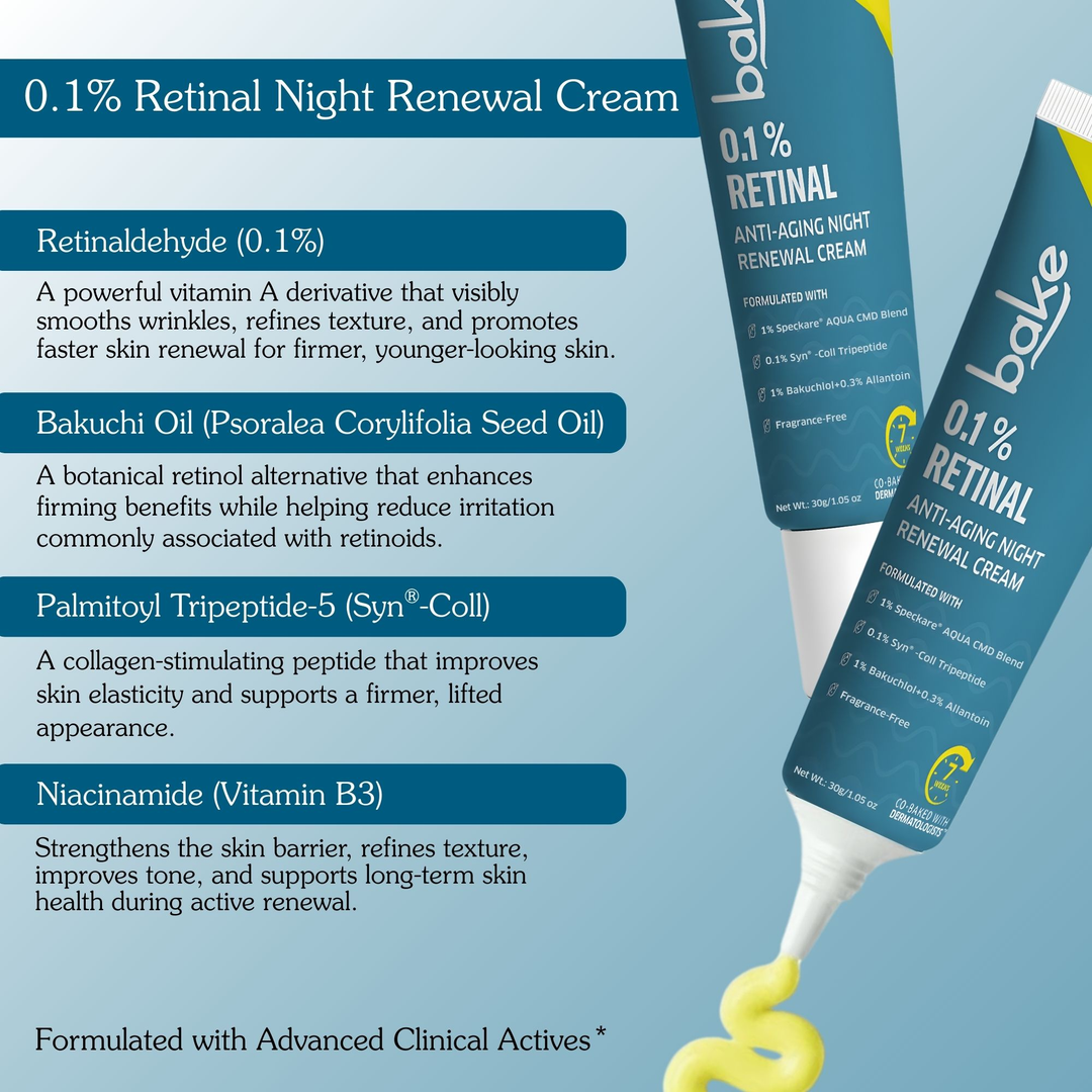 BAKE 0.1% Retinal Night Renewal Cream 30 g key actives retinaldehyde, bakuchi oil, peptide, niacinamide