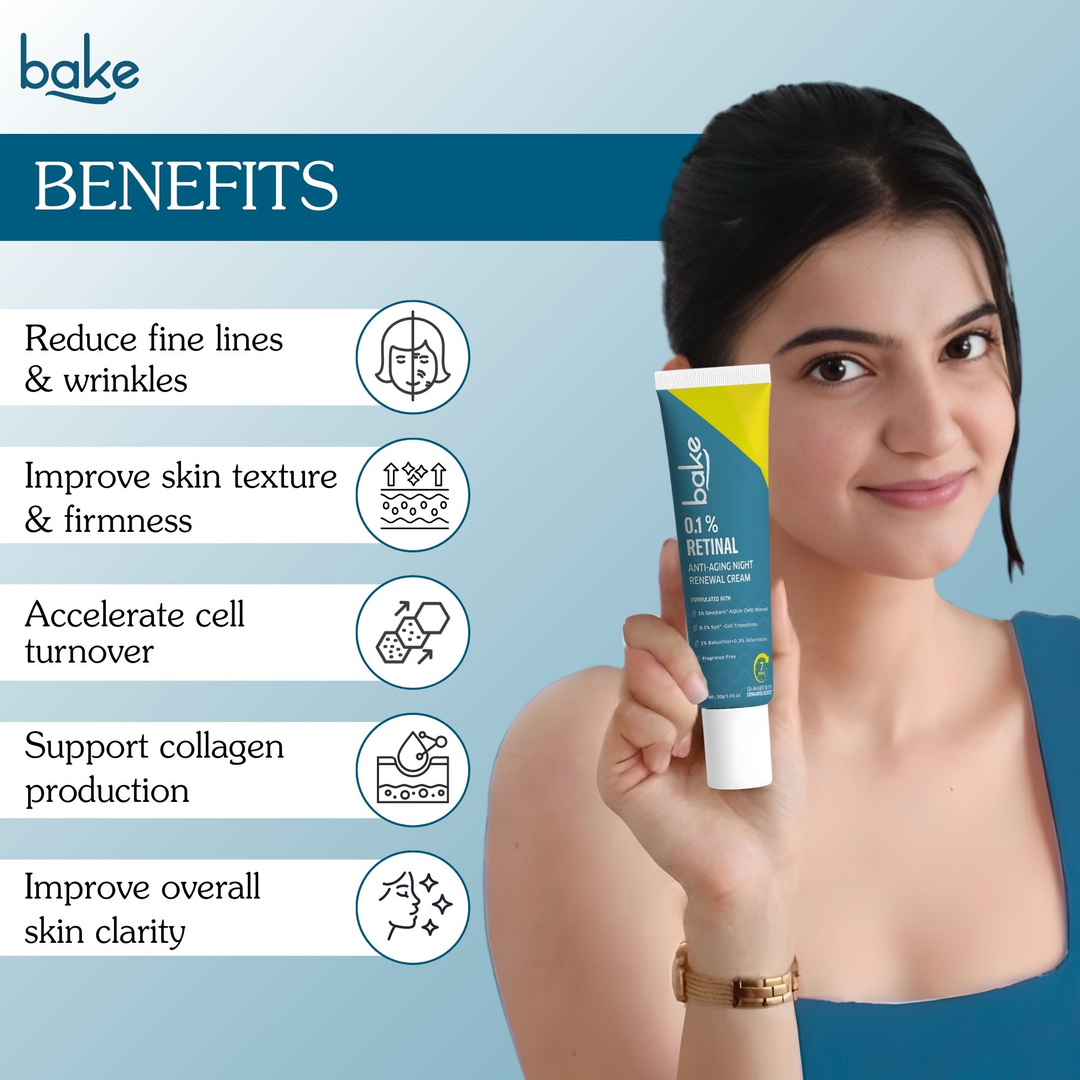 BAKE 0.1% Retinal Anti-Aging Night Cream 30 g benefits on model, fine lines, texture, collagen support