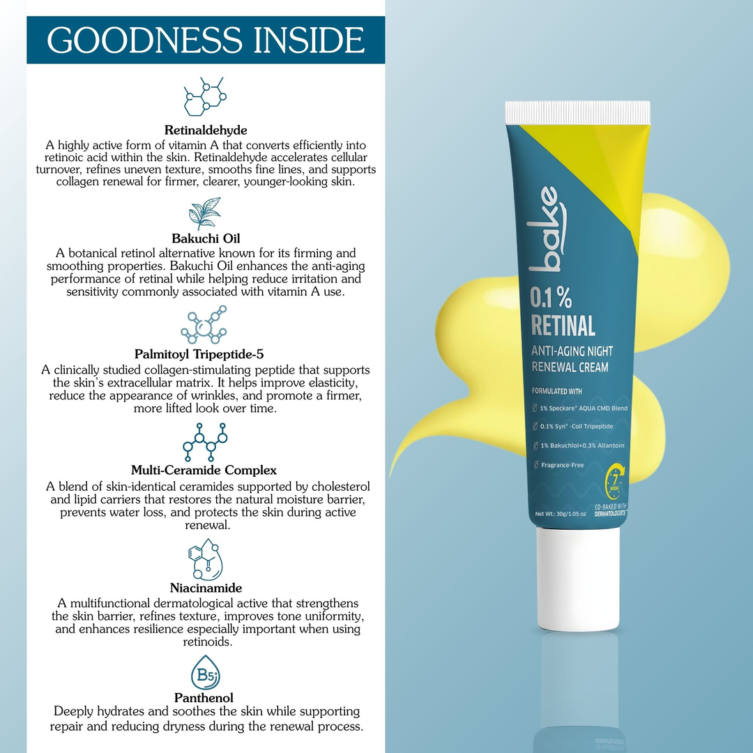 BAKE 0.1% Retinal Night Renewal Cream 30 g goodness inside: ceramides, panthenol, niacinamide, peptide
