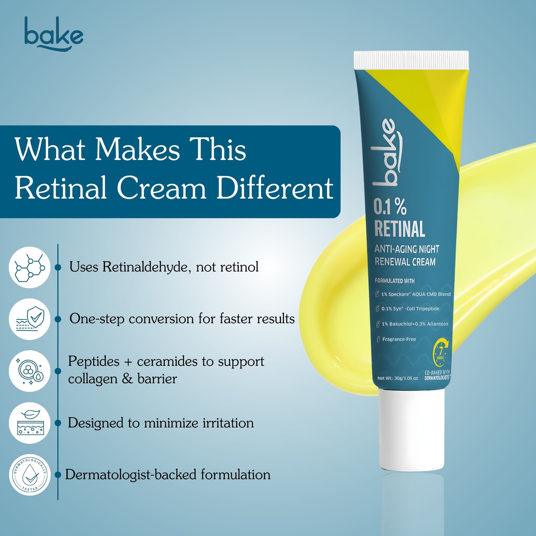BAKE 0.1% Retinal Anti-Aging Night Renewal Cream 30 g front, retinaldehyde, dermatologist-backed