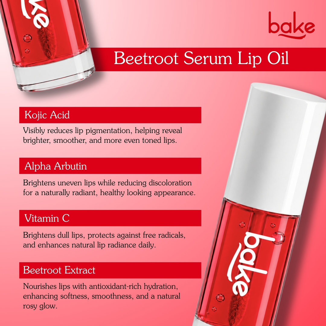 BAKE Beetroot Serum Lip Oil key ingredients Kojic Acid, Alpha Arbutin, Vitamin C, Beetroot Extract benefits