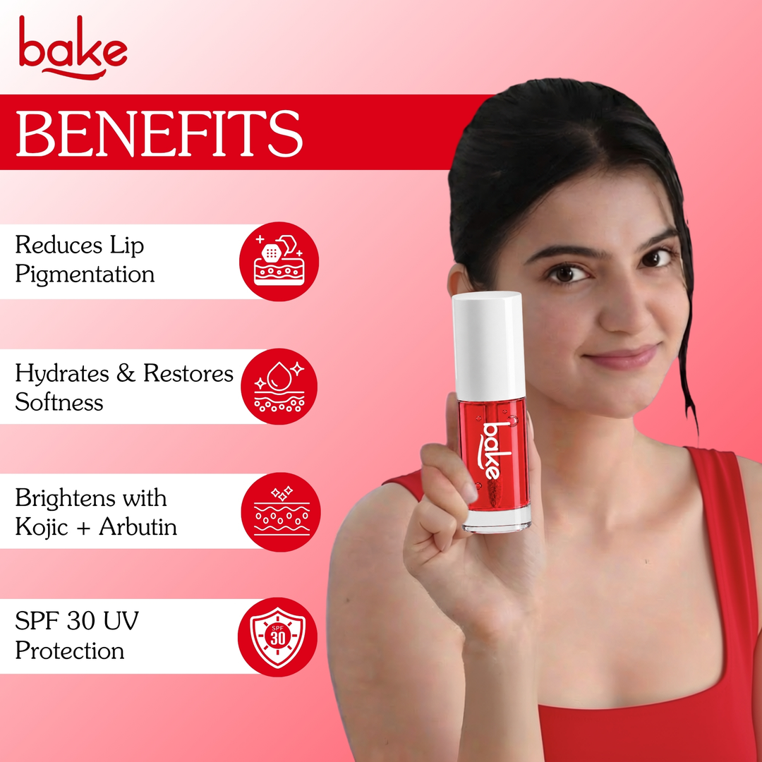 BAKE Beetroot Lip Oil SPF 30 benefits on model: reduces lip pigmentation, hydrates, Kojic + Arbutin