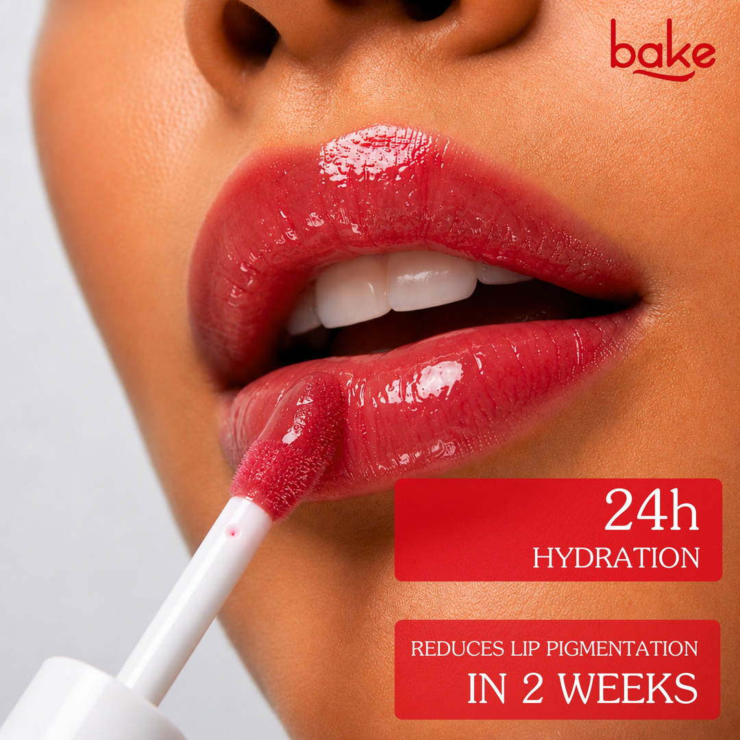 BAKE Beetroot Lip Oil glossy red lip swatch, 24h hydration, reduces lip pigmentation in 2 weeks