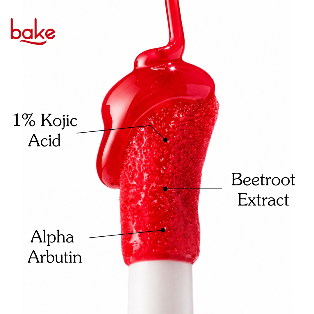 BAKE Beetroot Lip Oil applicator texture with 1% Kojic Acid, Alpha Arbutin, Beetroot Extract