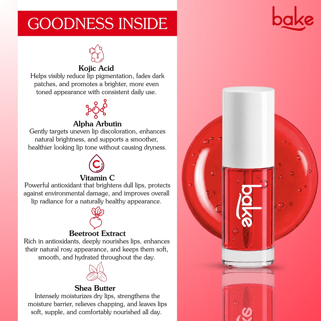 BAKE Beetroot Lip Oil goodness inside: Kojic Acid, Alpha Arbutin, Vitamin C, Beetroot Extract, Shea Butter