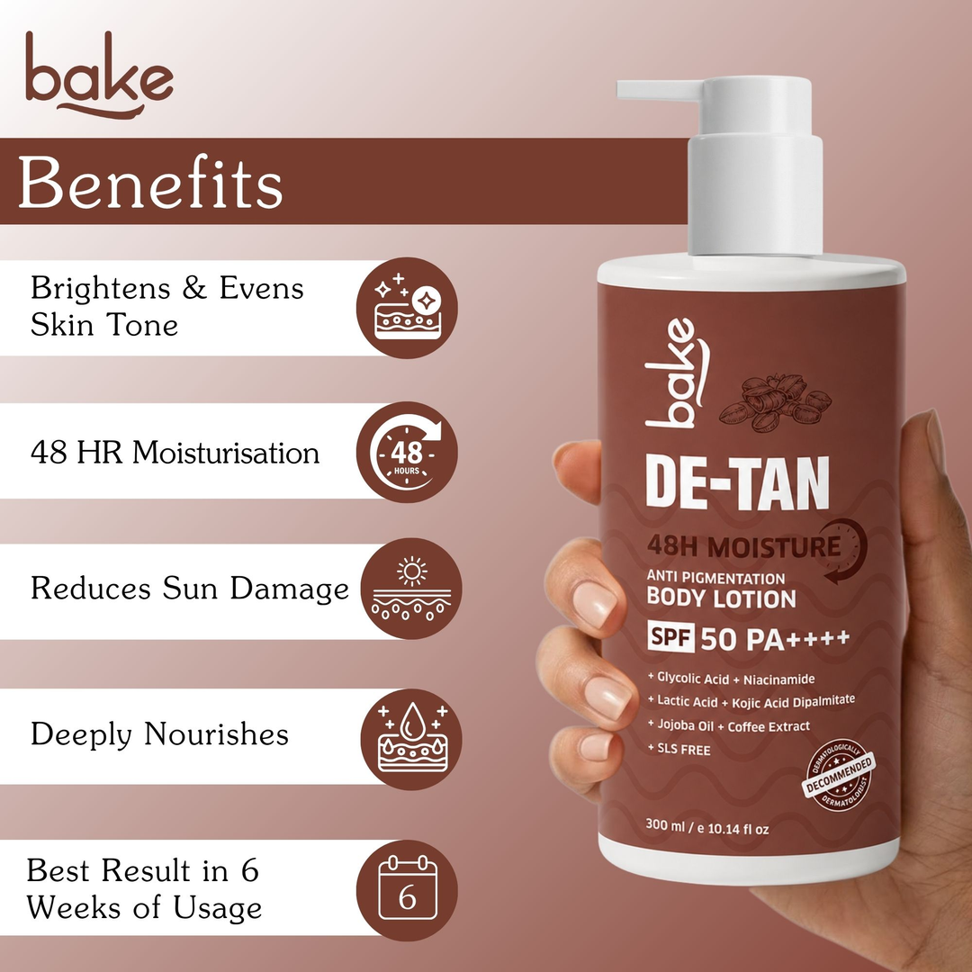 BAKE De-Tan Coffee Body Lotion SPF 50 PA++++ for Pigmentation, Uneven Skin Tone & Tan Removal | 48H Hydration | 300ml – image 2 of 9