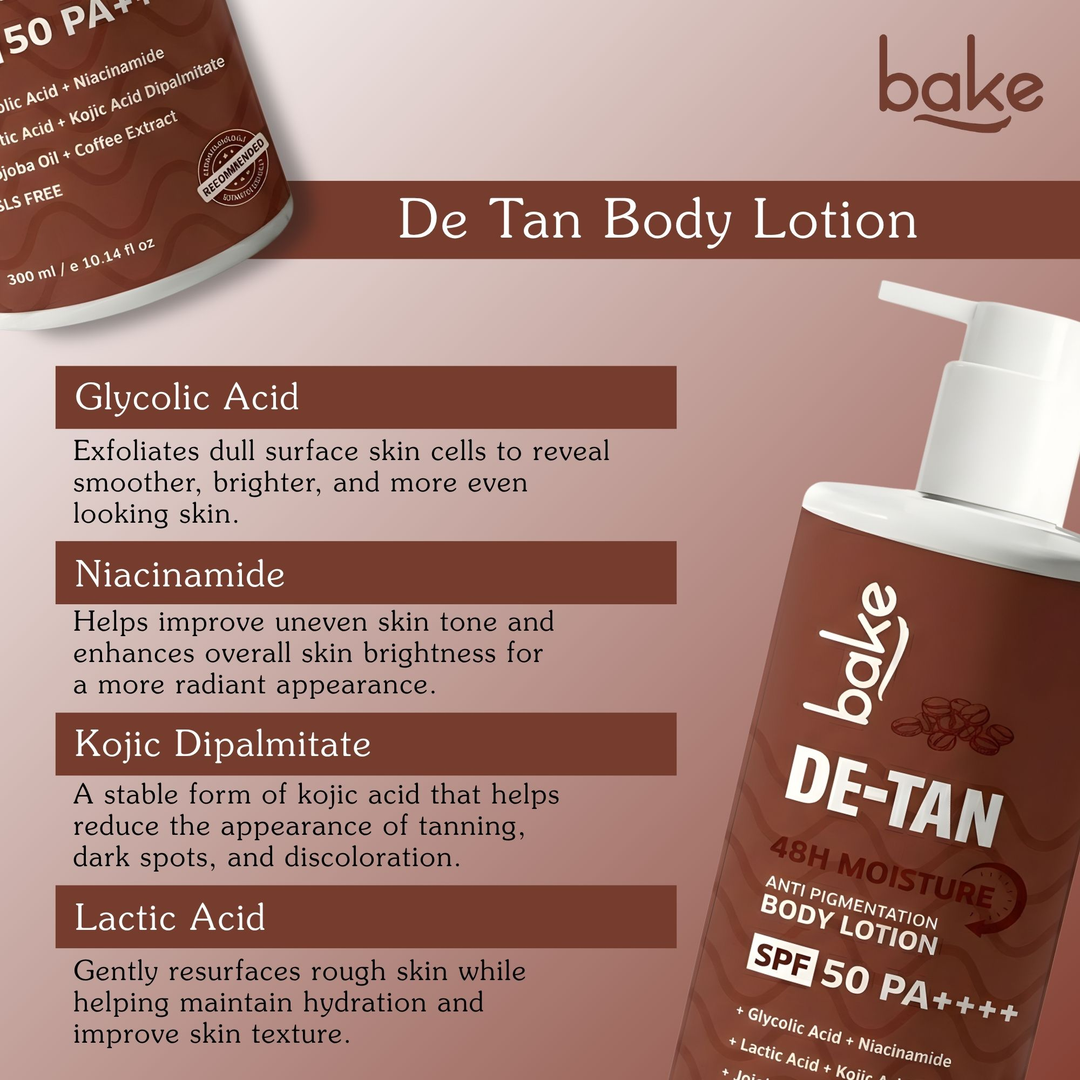 BAKE De-Tan Coffee Body Lotion SPF 50 PA++++ for Pigmentation, Uneven Skin Tone & Tan Removal | 48H Hydration | 300ml – image 3 of 9