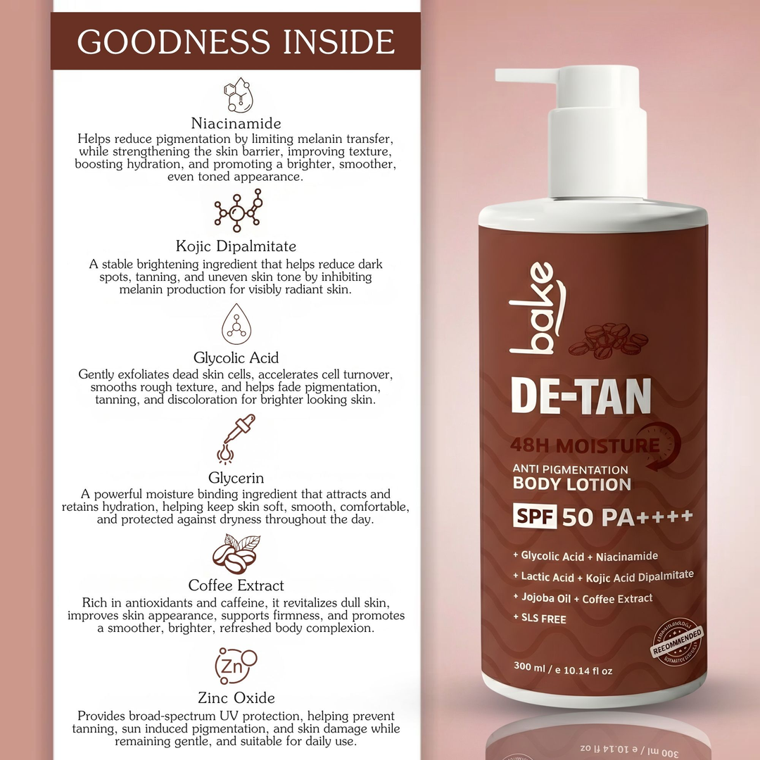 BAKE De-Tan Coffee Body Lotion SPF 50 PA++++ for Pigmentation, Uneven Skin Tone & Tan Removal | 48H Hydration | 300ml – image 8 of 9