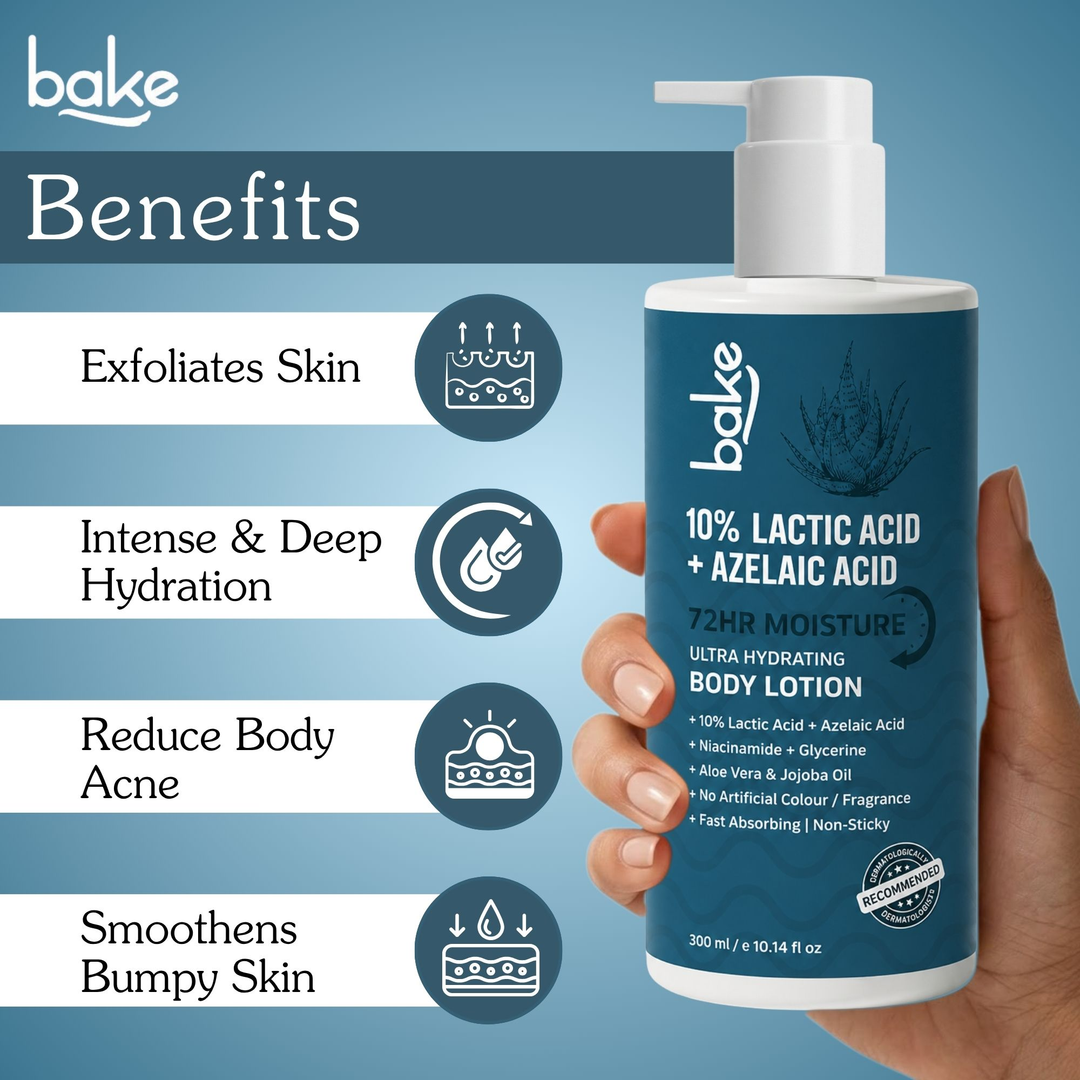BAKE 10% Lactic Acid + Azelaic Acid Body Lotion 300ml benefits: exfoliates, deep hydration, reduces body acne, smooths bumps