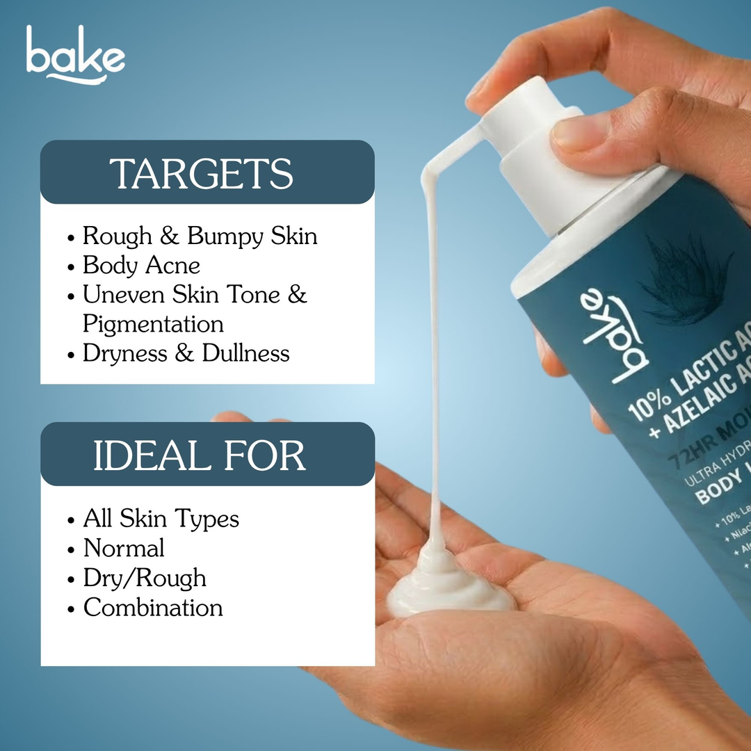 BAKE 10% Lactic Acid + Azelaic Acid Body Lotion pump dispensing, skin concerns targeted and suitable skin types