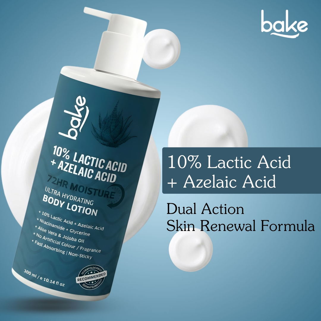 BAKE 10% Lactic Acid + Azelaic Acid Body Lotion 300ml front, dual action skin renewal formula