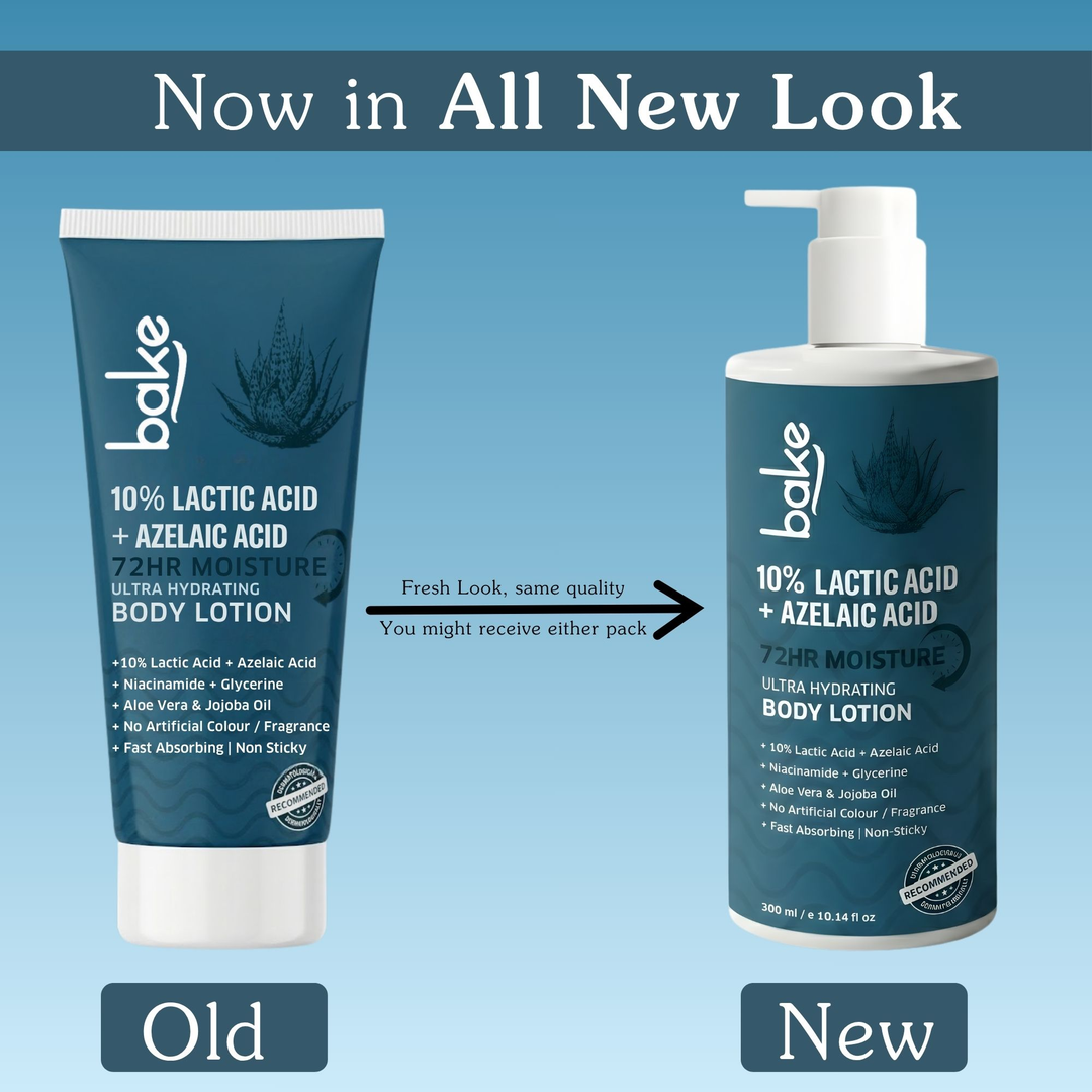 BAKE 10% Lactic Acid + Azelaic Acid Body Lotion old tube vs new pump bottle packaging