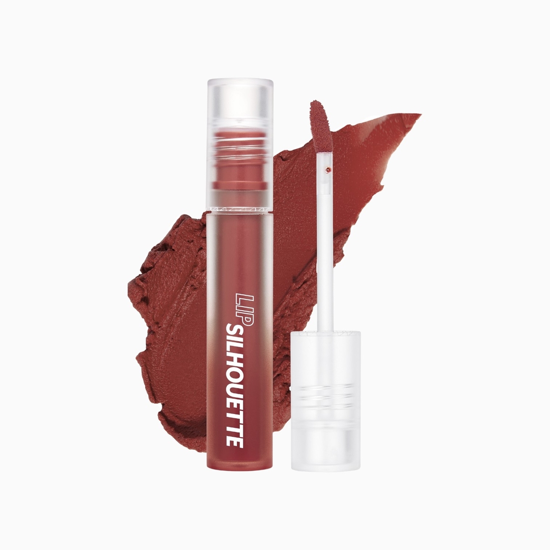 I'm meme Lip Silhouette Matte Velvet Tint dark chocolate brown shade, tube with texture swatch