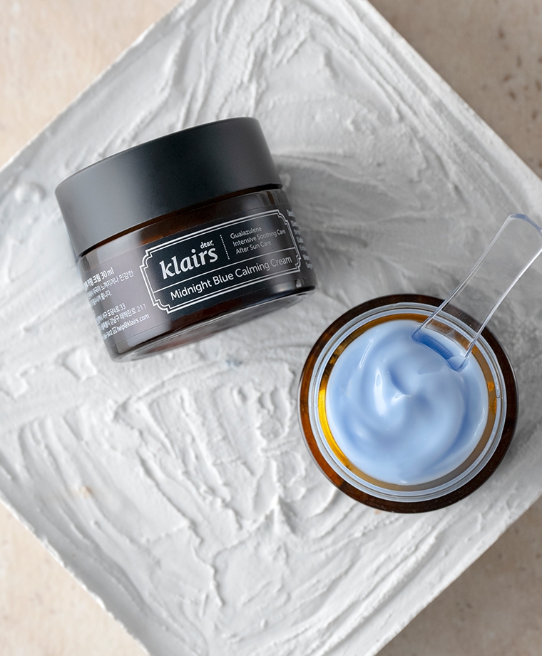 Klairs Midnight Blue Calming Cream 30g front label and open jar with blue cream texture and spatula