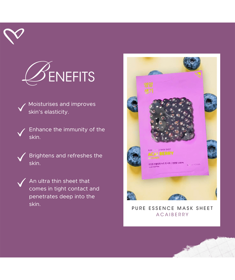 Holika Holika Pure Essence Mask Sheet Acai Berry benefits: moisturising, elasticity, brightening, ultra thin sheet