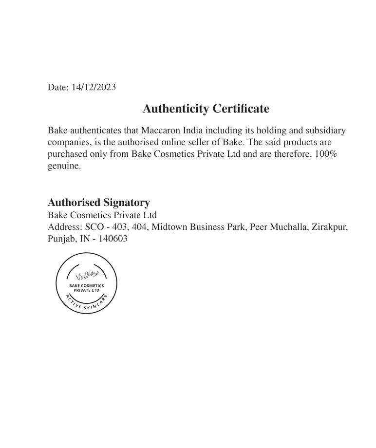 BAKE Cosmetics authenticity certificate for authorised seller Maccaron India