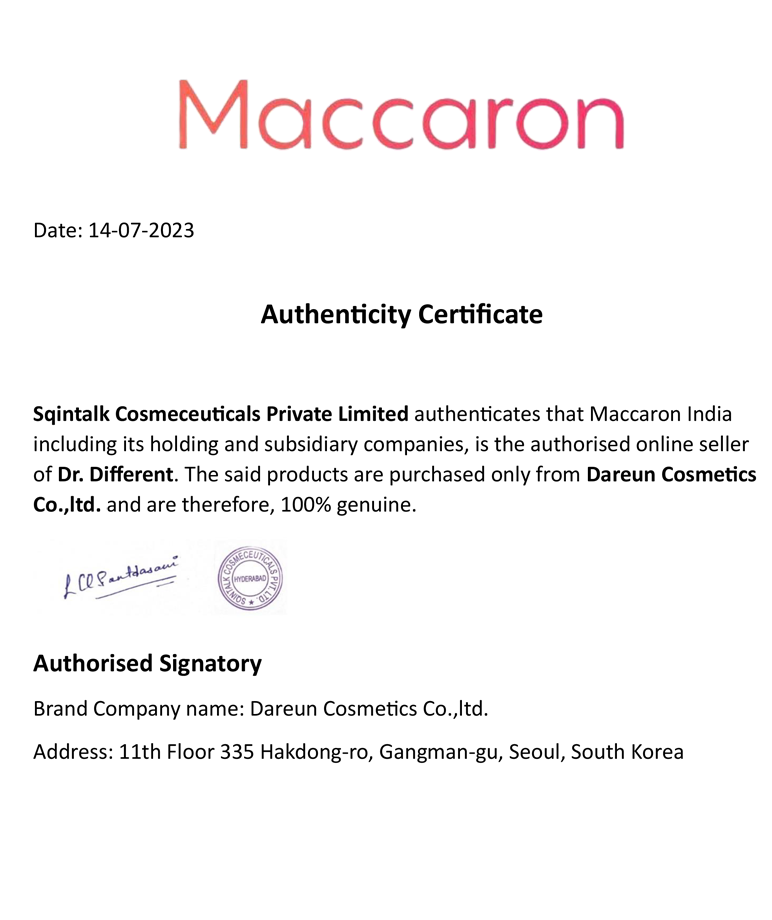 Dr. Different authorised seller authenticity certificate, Maccaron India, Dareun Cosmetics