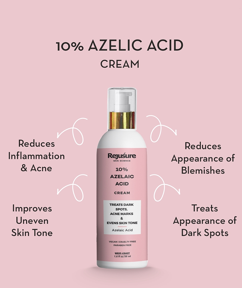 Rejusure 10% Azelaic Acid Cream 50ml bottle with key benefits for acne and dark spots