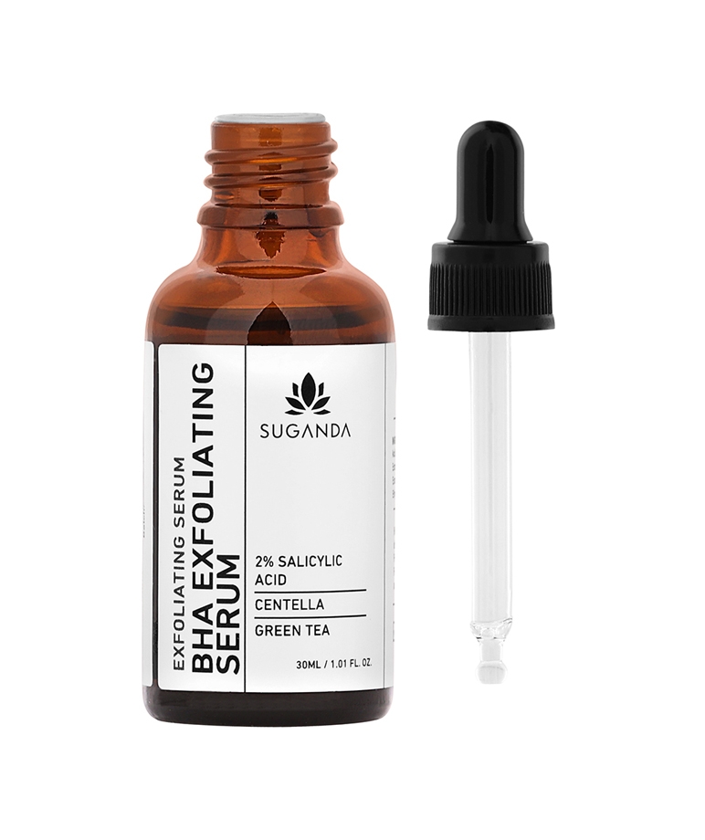 Suganda BHA Exfoliating Serum 30ml amber bottle with glass dropper removed, 2% salicylic acid