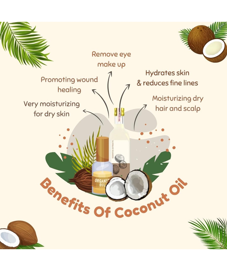 Essentia Extracts Cold-pressed Coconut Oil 100ml benefits for dry skin, hair and scalp, fine lines, makeup removal