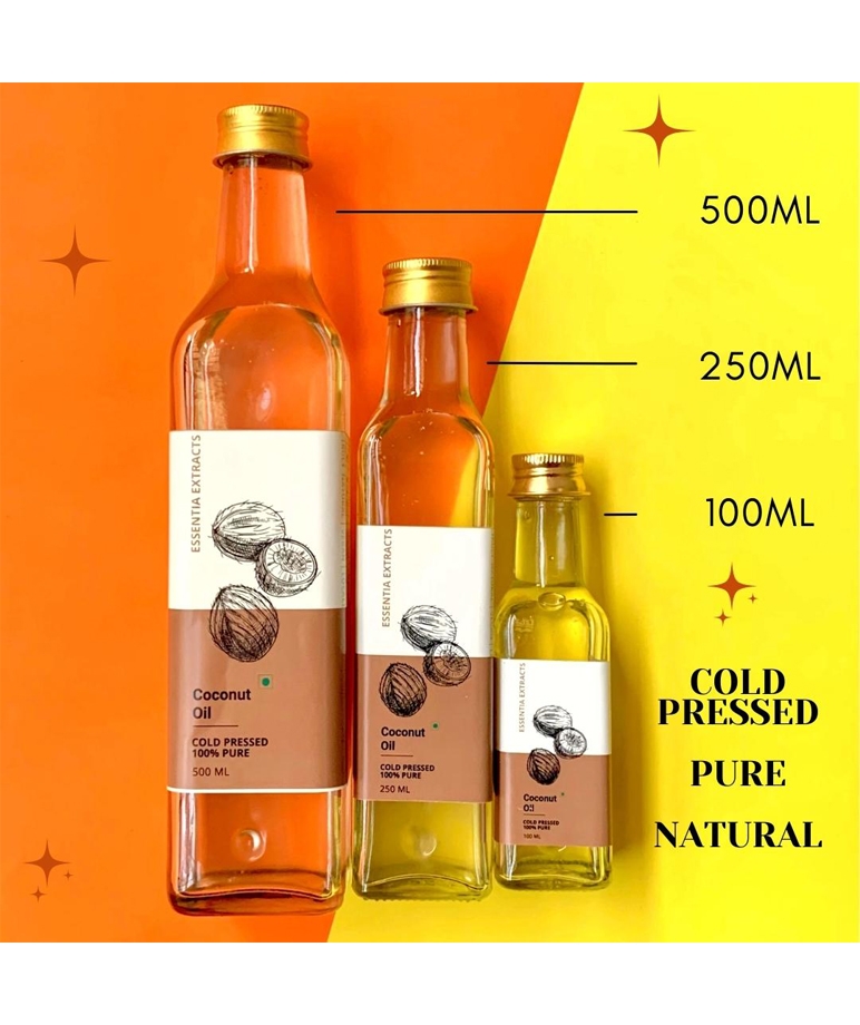 Essentia Extracts Cold-pressed Coconut Oil 500ml, 250ml and 100ml bottle size comparison
