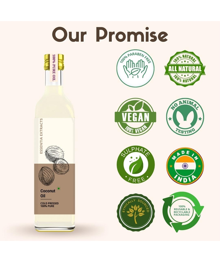 Essentia Extracts Cold-pressed Coconut Oil 100ml our promise: paraben free, vegan, sulphate free, made in India