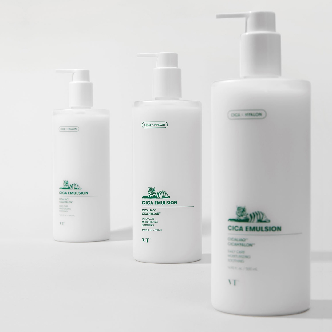 VT CICA Emulsion 500ml pump bottles three-bottle lineup showing CICA x HYALON label