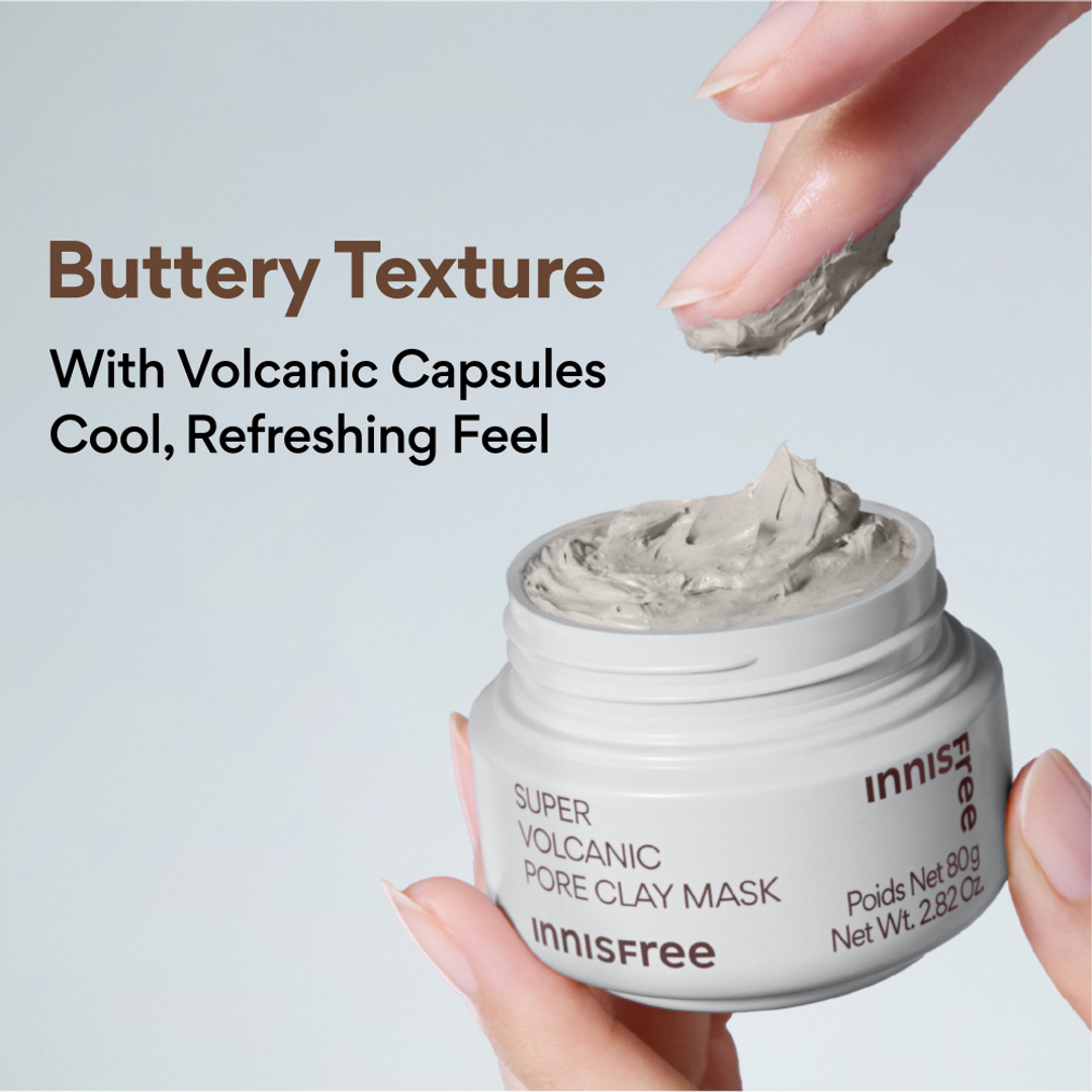 Innisfree Super Volcanic Pore Clay Mask 80g jar front with clay texture swatch