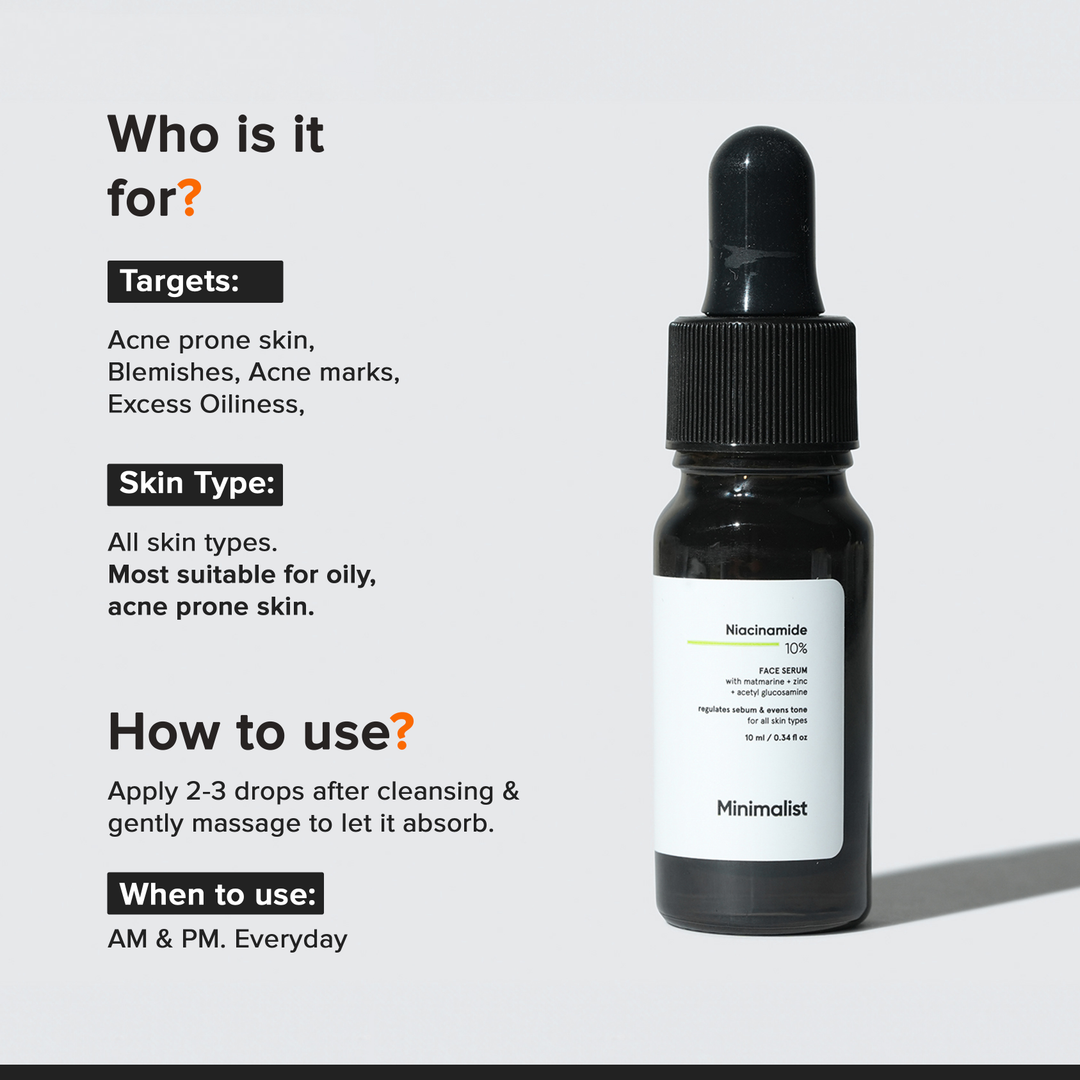 Minimalist Niacinamide 10% Face Serum 10ml how to use, skin type and targets for acne-prone skin