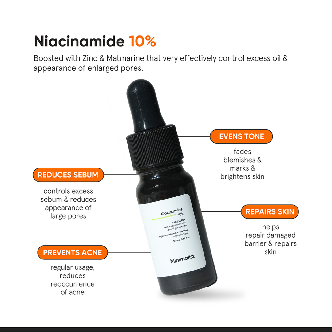 Minimalist Niacinamide 10% Face Serum 10ml benefits: evens tone, reduces sebum, repairs skin, prevents acne