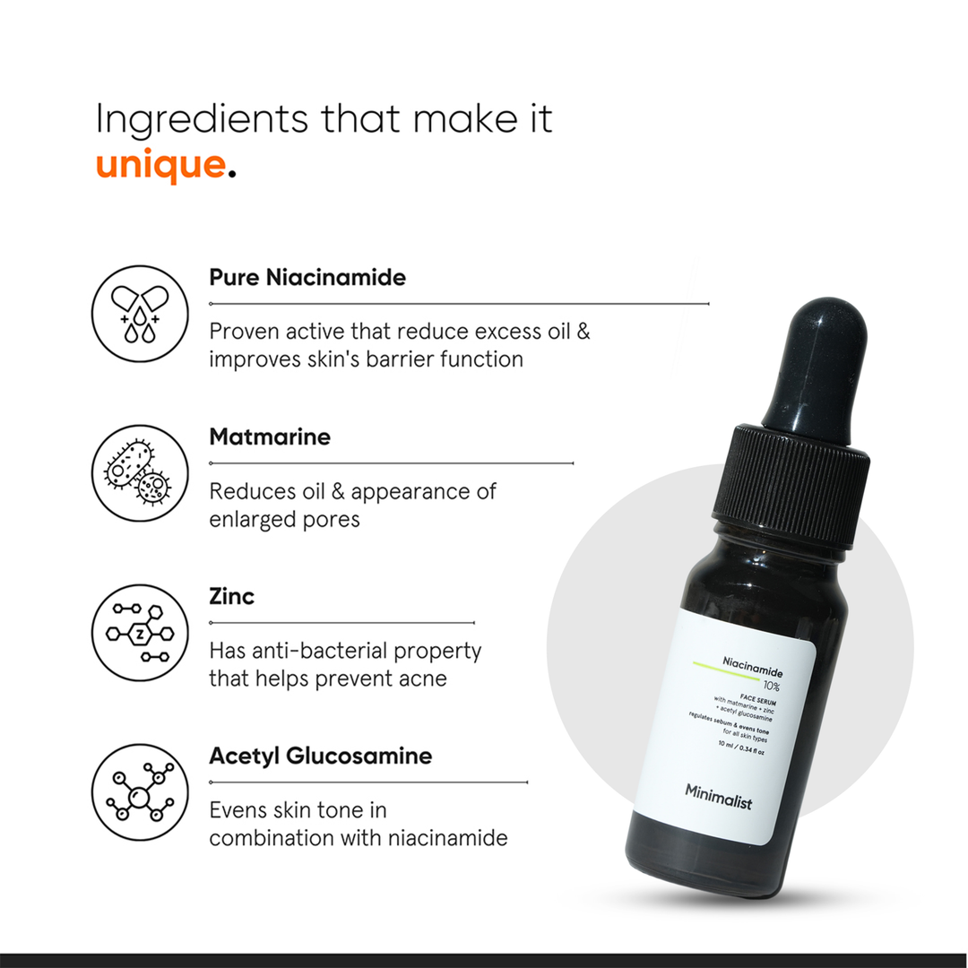Minimalist Niacinamide 10% Face Serum 10ml key ingredients: niacinamide, Matmarine, zinc, acetyl glucosamine