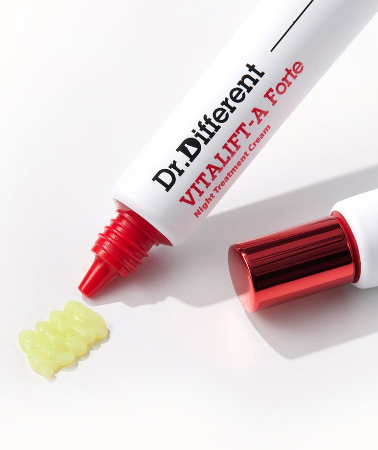 Dr. Different VITALIFT-A Forte Night Treatment Cream open tube with cream dab