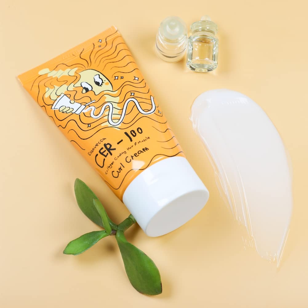 Elizavecca CER-100 Collagen Coating Hair A+ Muscle Curl Cream tube with white cream texture swatch